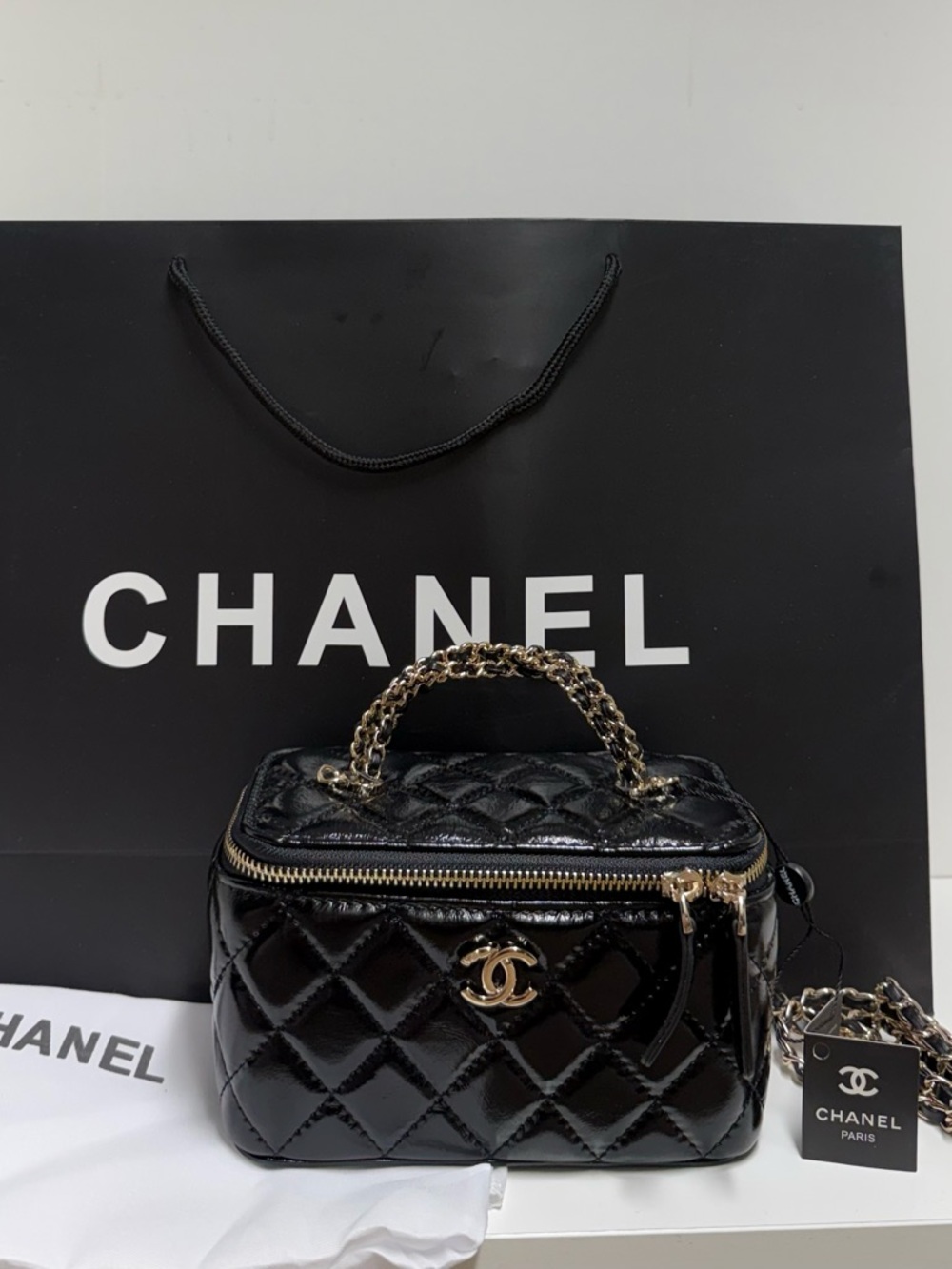 & Other Stories Black Quilted Mini Vanity Bag with Gold Chain